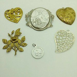Lot Of 6 Hearts Leaf Pendant Tags Filigree Etched